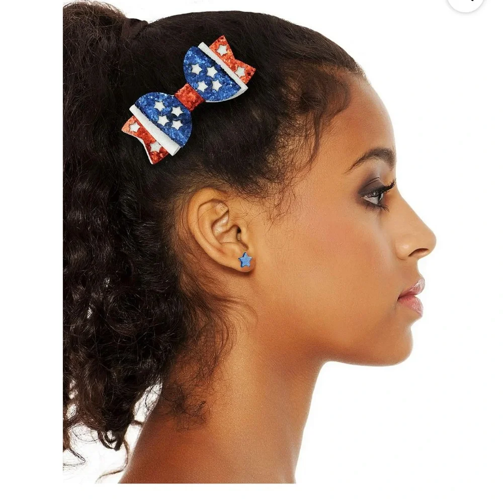 Patriotic Hair Bow & Star Earrings Set | Red White Blue Glitter